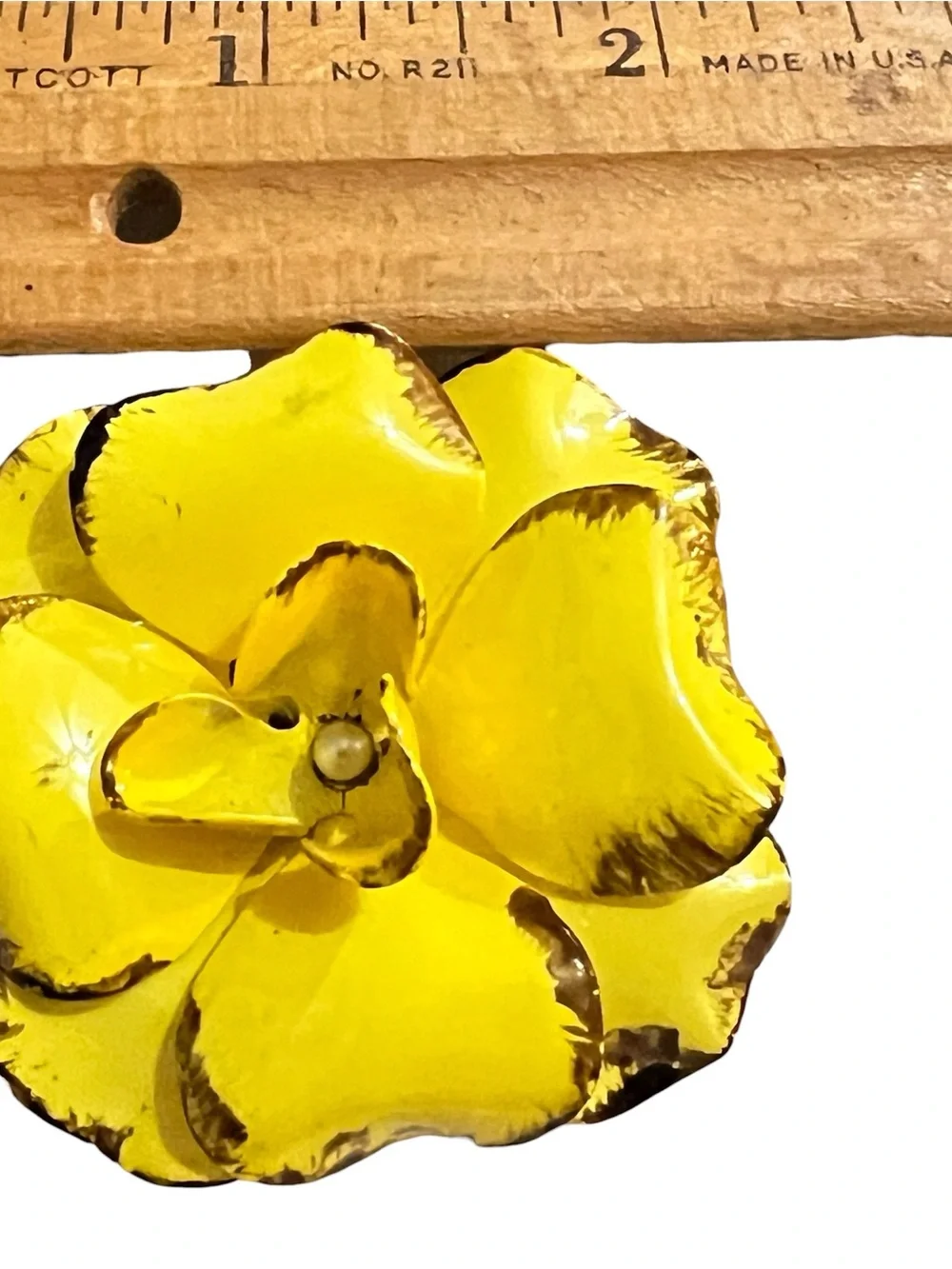 Yellow Enamel Flower Brooch with Brown Accents Hippie Flower Power